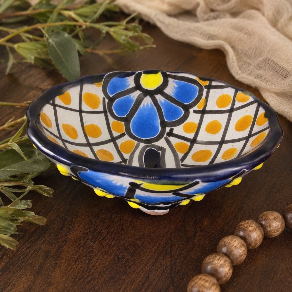 Vintage Hand Painted Ceramic Trinket Dish Floral Boho Decor Small Pottery Dish